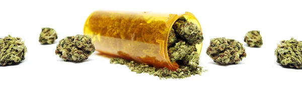 Maconha Seca Garrafa Plástico Amarelo Conceito Toxicodependência Conceito Maconha Medicinal — Fotografia de Stock