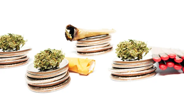 Marijuana Con Monete Isolate Sfondo Bianco — Foto Stock