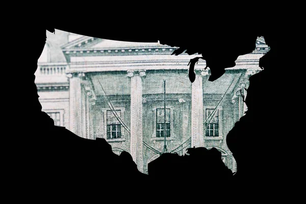 Tekstura Dolara Wewnątrz Mapy Stanów Zjednoczonych Ameryki Czarnym Tle — Zdjęcie stockowe