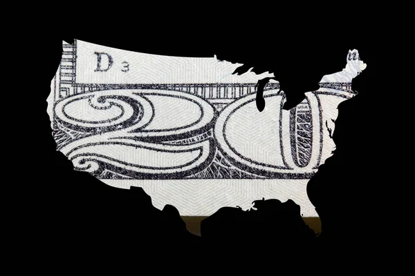 Siyah Arka Plan Üzerinde Amerika Birleşik Devletleri Haritası Içinde Dolar — Stok fotoğraf