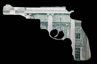 Silah ve Para. Amerika 'daki vurulma olaylarını temsil ediyor. Otomatik Silahın şekli Amerika Birleşik Devletleri Dolar Tasarısı 'nın ayrıntıları üzerine