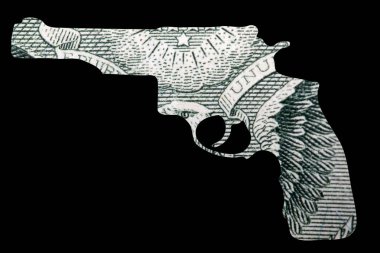 Silah ve Para. Amerika 'daki vurulma olaylarını temsil ediyor. Otomatik Silahın şekli Amerika Birleşik Devletleri Dolar Tasarısı 'nın ayrıntıları üzerine