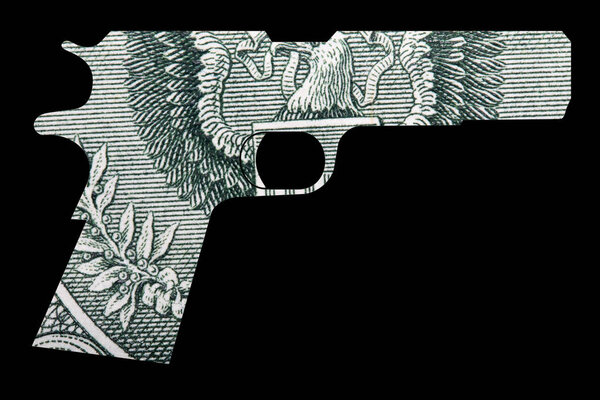 Gun and Money. Representing Shootings in America. Shape of Automatic Gun over detail of United States of America Dollar Bill