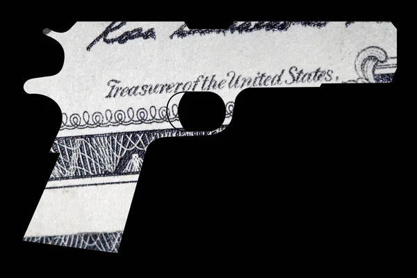 銃と金だ アメリカでの撮影を表す 米ドルビルの詳細上の自動銃の形状 — ストック写真