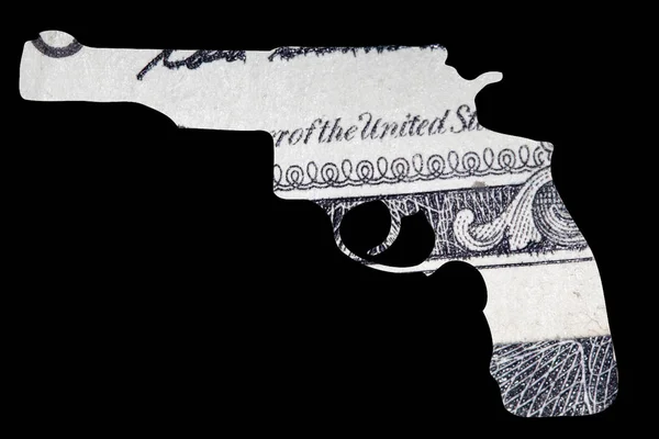 銃と金だ アメリカでの撮影を表す 米ドルビルの詳細上の自動銃の形状 — ストック写真