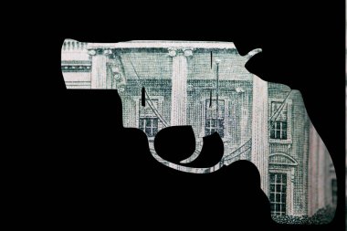 Silah ve Para. Amerika 'daki vurulma olaylarını temsil ediyor. Otomatik Silahın şekli Amerika Birleşik Devletleri Dolar Tasarısı 'nın ayrıntıları üzerine
