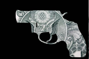 Silah ve Para. Amerika 'daki vurulma olaylarını temsil ediyor. Otomatik Silahın şekli Amerika Birleşik Devletleri Dolar Tasarısı 'nın ayrıntıları üzerine