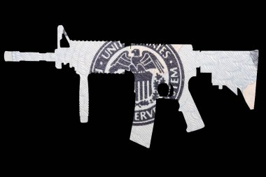 Silah ve Para. Amerika 'daki vurulma olaylarını temsil ediyor. Otomatik Silahın şekli Amerika Birleşik Devletleri Dolar Tasarısı 'nın ayrıntıları üzerine