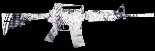 Gun and Money. Representing Shootings in America. Shape of Automatic Gun over detail of United States of America Dollar Bill