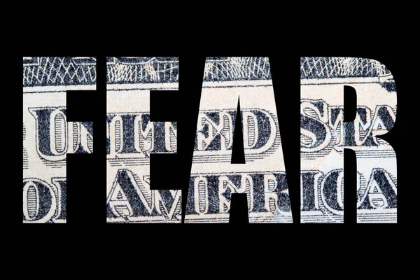 恐惧铭文与美元钞票纹理内在黑色背景 — 图库照片
