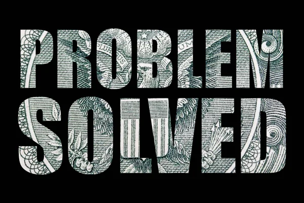 Problem Solved Inscription Dollar Banknote Texture Black Background — Stock Photo, Image