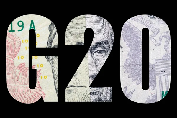 Nápis G20 Texturou Bankovek Uvnitř Černém Pozadí — Stock fotografie