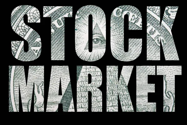 黒い背景の内側にドル紙幣のテクスチャを持つ株式市場の碑文 — ストック写真