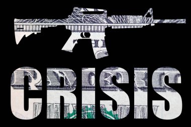 Silah ve Para. Amerika'daki vurulma olaylarını temsil ediyor. Amerika Birleşik Devletleri Amerikan Doları Bill ve kriz yazıt detay üzerinde Otomatik Silah Şekli