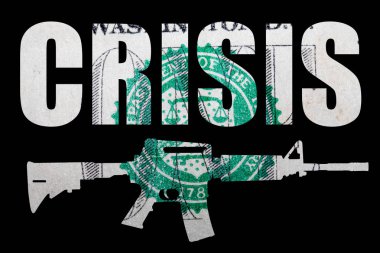 Silah ve Para. Amerika'daki vurulma olaylarını temsil ediyor. Amerika Birleşik Devletleri Amerikan Doları Bill ve kriz yazıt detay üzerinde Otomatik Silah Şekli