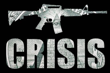 Silah ve Para. Amerika'daki vurulma olaylarını temsil ediyor. Amerika Birleşik Devletleri Amerikan Doları Bill ve kriz yazıt detay üzerinde Otomatik Silah Şekli