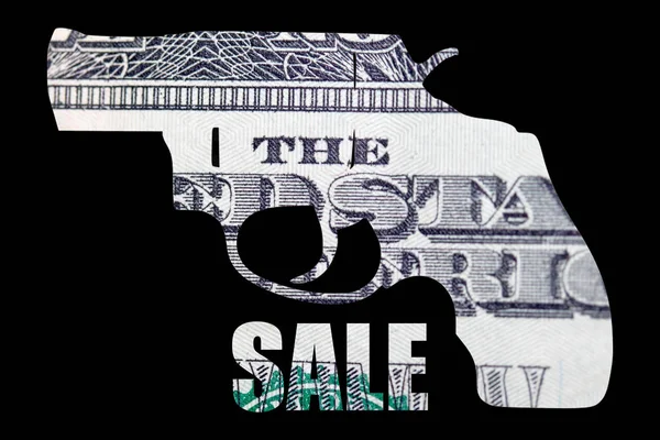 Gun and Money. Representing Shootings in America. Shape of Gun over detail of United States of American Dollar Bill and sale inscription