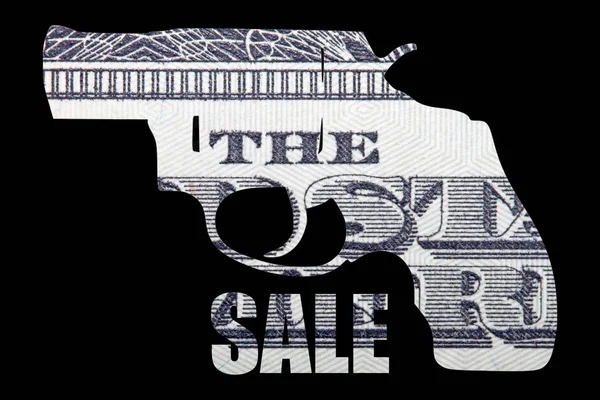 Gun and Money. Representing Shootings in America. Shape of Gun over detail of United States of American Dollar Bill and sale inscription