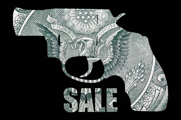 Gun and Money. Representing Shootings in America. Shape of Gun over detail of United States of American Dollar Bill and sale inscription