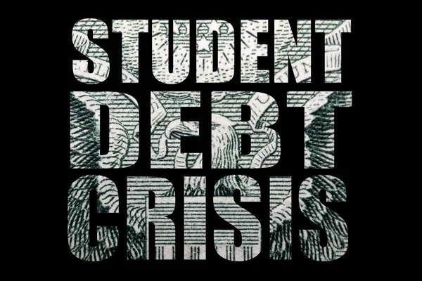 Student debt crisis inscription with dollar banknote texture inside