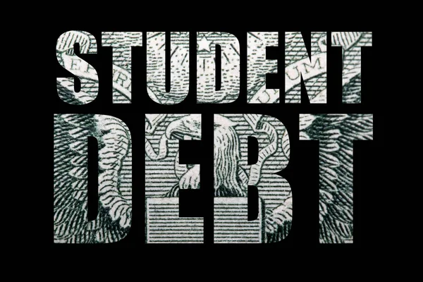 Student debt inscription with dollar banknote texture inside