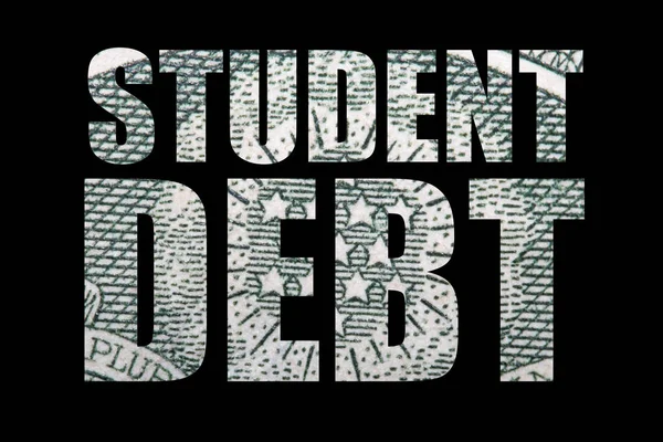 Student debt inscription with dollar banknote texture inside