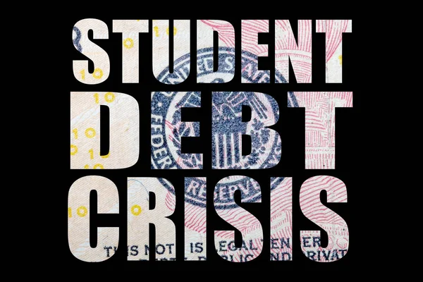 Student debt crisis inscription with dollar banknote texture inside