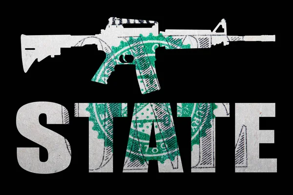 銃と金だアメリカでの銃撃事件を代表する アメリカドル紙幣と州の碑文の詳細上の自動銃の形状 — ストック写真