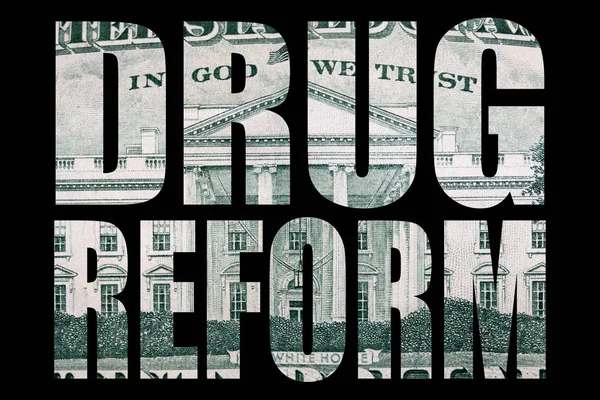 Inscripción Reforma Drogas Con Dinero Adentro Sobre Fondo Negro —  Fotos de Stock