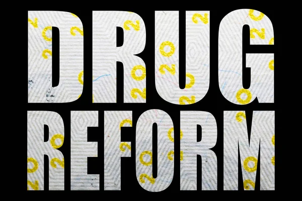 Επιγραφή Της Μεταρρύθμισης Των Ναρκωτικών Χρήματα Μέσα Μαύρο Φόντο — Φωτογραφία Αρχείου