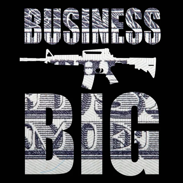 Big business inscription with gun and money inside on black background