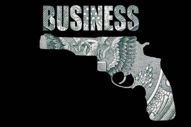 Silah iş yazımı, siyah arka plan üzerinde para içinde.