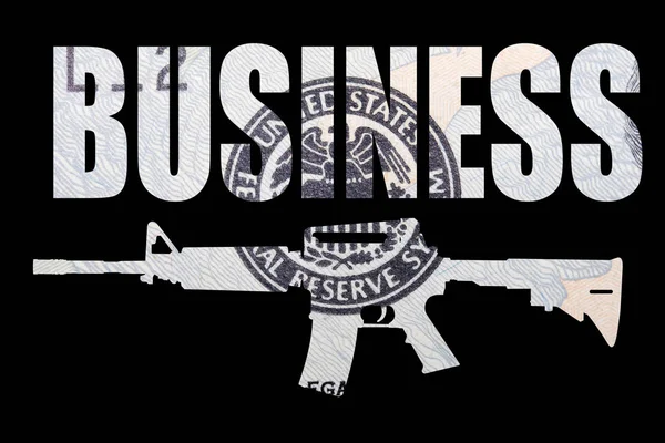 Gun Üzleti Betűk Pénz Belsejében Fekete Háttér — Stock Fotó