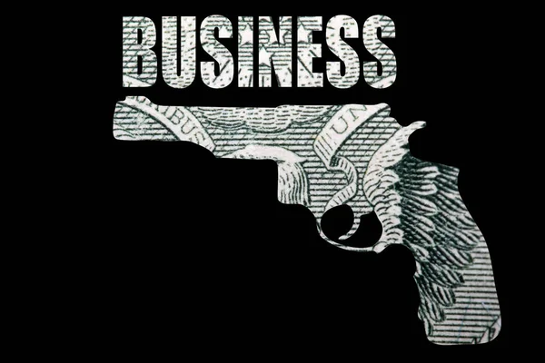 Gun business lettering, money inside on black background.