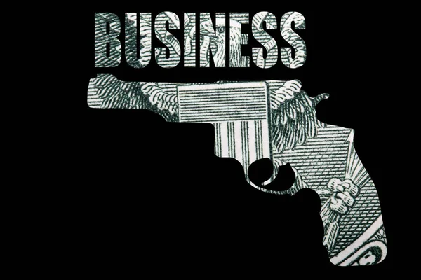 Gun Üzleti Betűk Pénz Belsejében Fekete Háttér — Stock Fotó