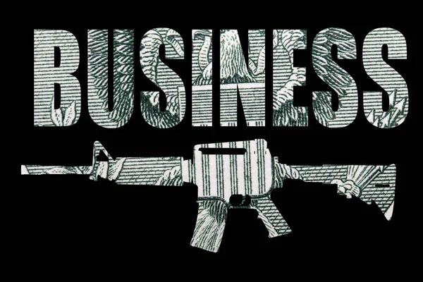 Оружие Бизнес Буквы Деньги Внутри Черном Фоне — стоковое фото