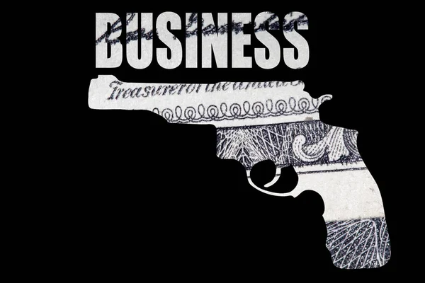 Silah Yazımı Siyah Arka Plan Üzerinde Para Içinde — Stok fotoğraf