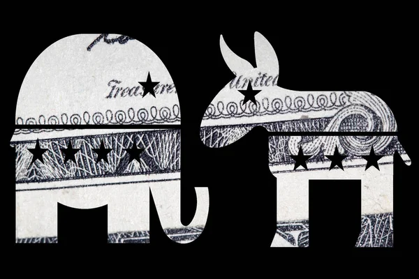 Elephant and donkey silhouettes with money on black background