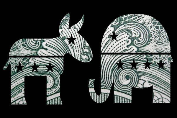 Elephant and donkey silhouettes with money on black background