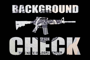 Arka plan kontrol yazıtı, makineli tüfek ve siyah arka plan üzerinde para.