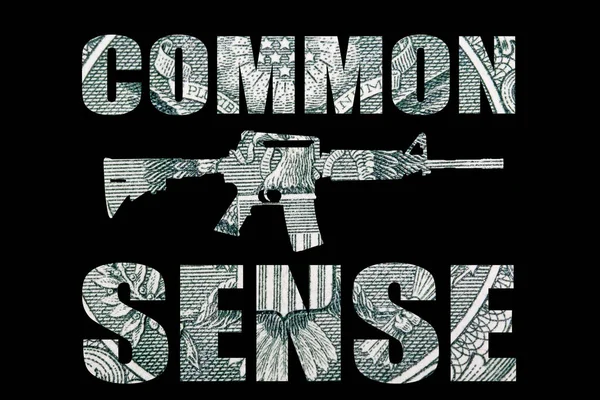 Common sense lettering, money and machine gun on black background.