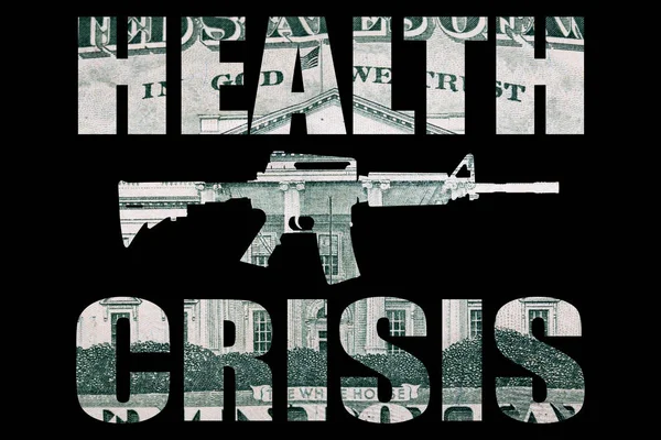 Health crisis lettering with machine gun, money on black background