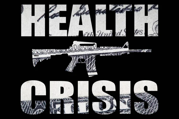 Health crisis lettering with machine gun, money on black background