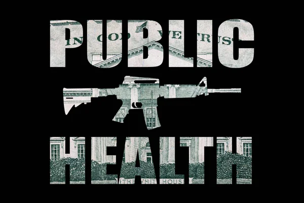 Public health crisis lettering with machine gun, money on black background