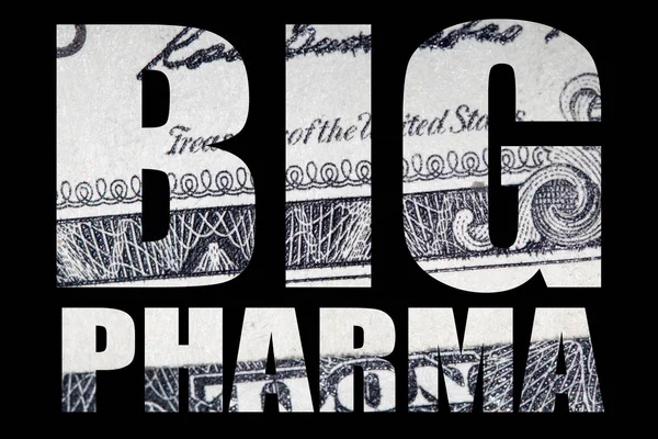 Big Pharma Bokstäver Med Pengar Svart Bakgrund — Stockfoto