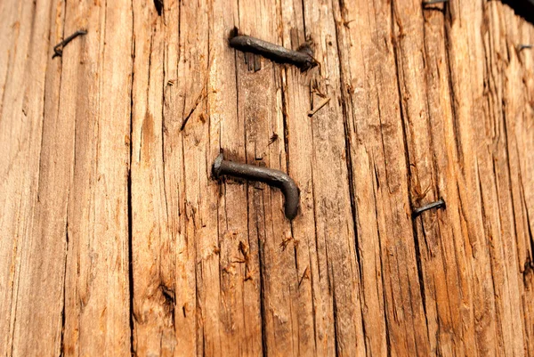 Velho Tronco Madeira Desgastado Com Pregos Enferrujados — Fotografia de Stock