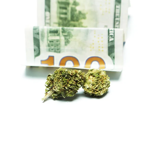 Marijuana Drugs Money Still Life Isolated White Background — Stock Photo, Image