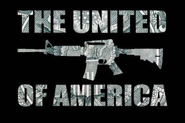 Amerika Birleşik yazı ile Gun, siyah arka plan üzerinde para.