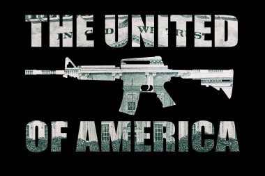 Amerika Birleşik yazı ile Gun, siyah arka plan üzerinde para.