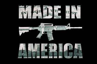 Made in America harfleri ile Silah, siyah arka plan üzerinde para.